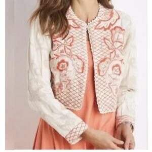 Soft Surroundings Jacket Womens XL Cream Coral Embroidered Cropped Boho Floral